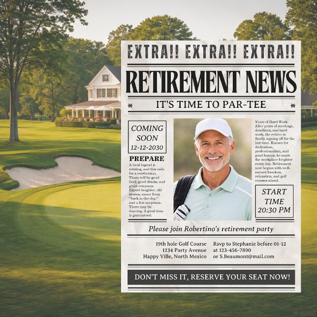 Mans roliga golf-tidning foto pensionsfest  inbjudningar (Skapare uppladdad)