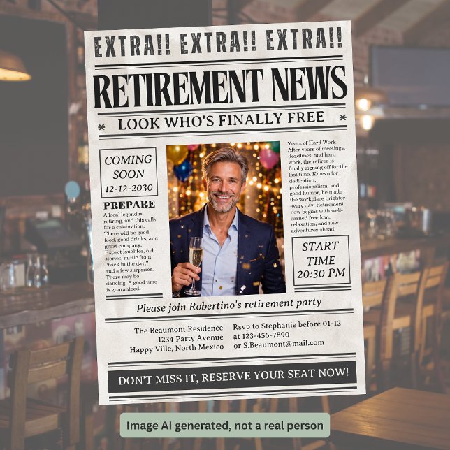 Mans roliga tidningsfoto pensionsfest  inbjudningar (Skapare uppladdad)