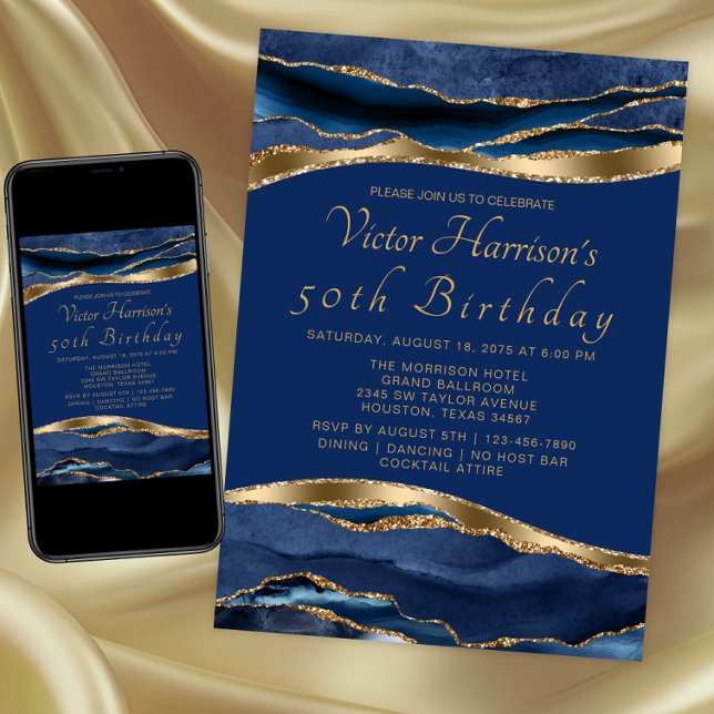 Mans Royal Blue Guld Agat Födelsedagsfest Inbjudningar (Blue gold any event invitation. Instant download and printed invitations available.)