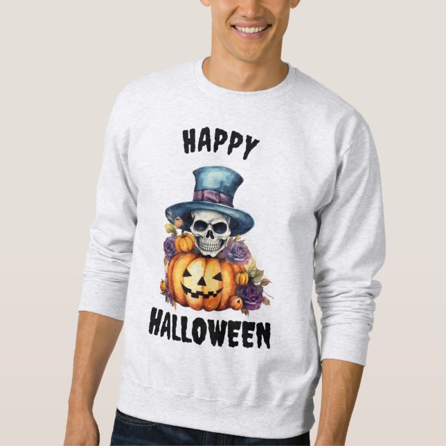 Man's Skeleton and Pumpkin Halloween Sweatshirt (Framsida)