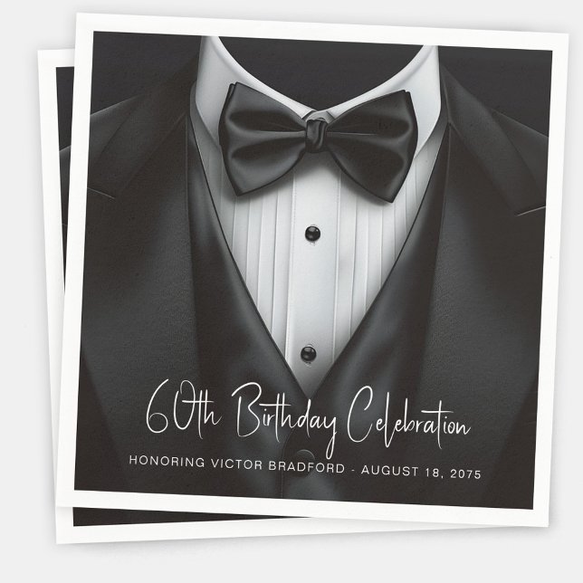 Mäns svart vit Smoking Födelsedagsfest Pappersservett (Mens black white tuxedo birthday party and event napkins. Add your details to personalize.)