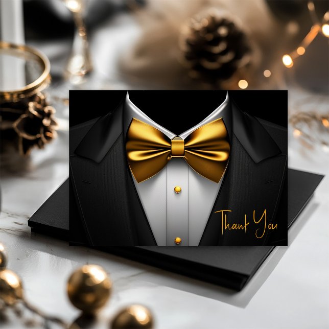 Mäns svarta guld smoking födelsedagsfest tack kort (Black and gold tuxedo thank you cards for birthdays, corporate events, bachelor party, etc. )