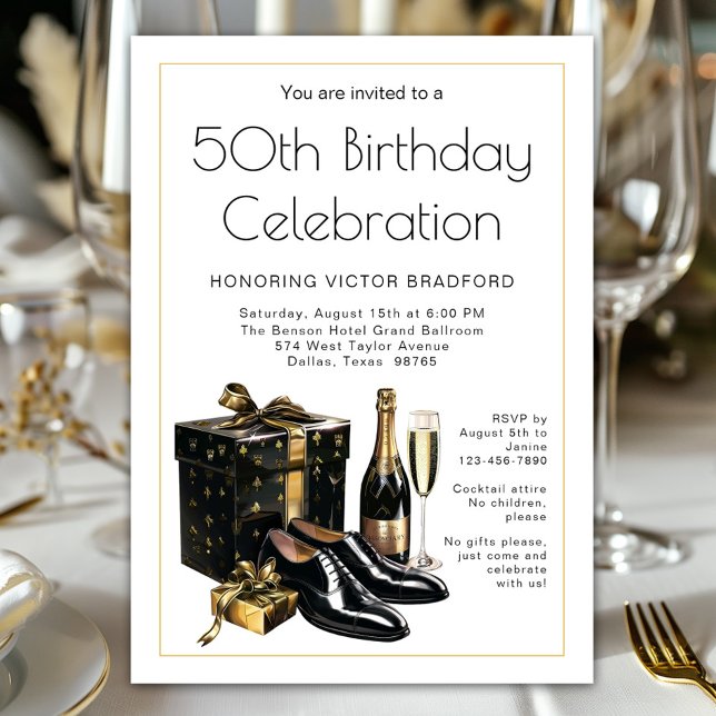 Mäns svarta guldformella födelsedag inbjudningar (Stylish black and gold men's any number birthday and celebration invitation. Simply add your details)