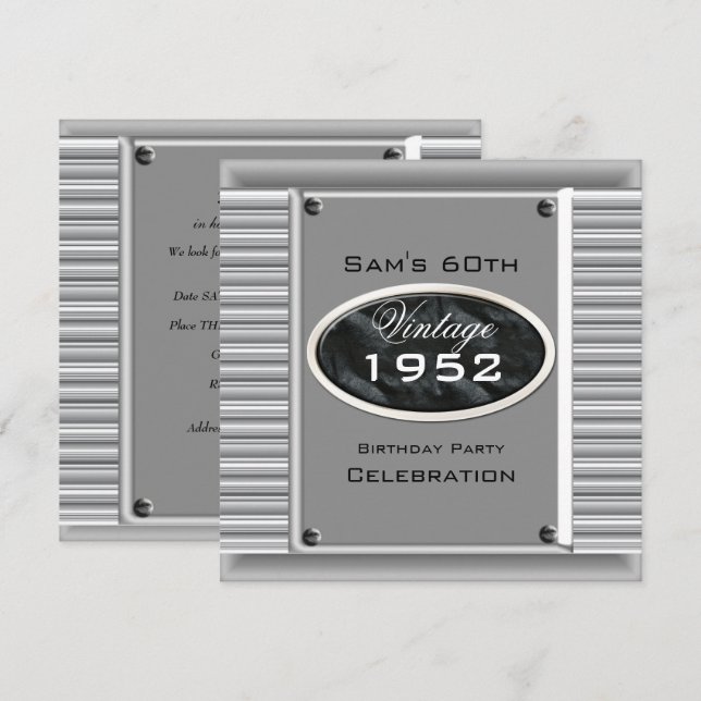 Mans Vintage 60-års Silver Svart Födelsedag Inbjudningar (Fram/baksida)