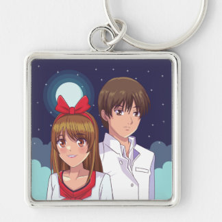 Månsanime Duo-illustration Fyrkantig Silverfärgad Nyckelring