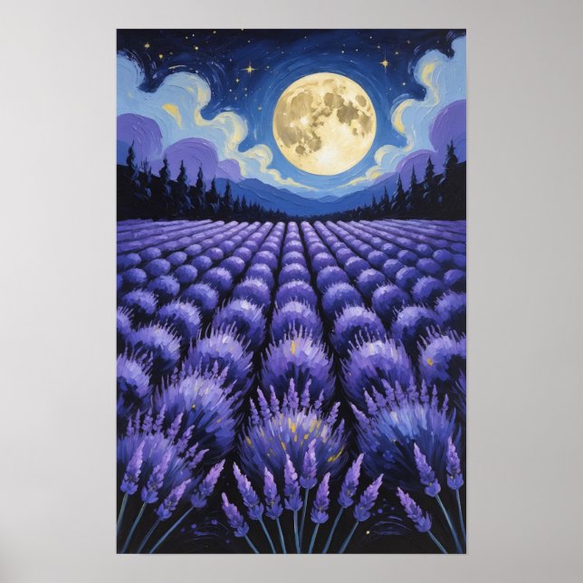 Månsken Lavendelfält Under Stjärnklar Natthimmel S Poster (Framsidan)