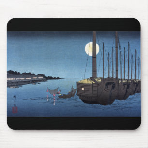 Månskenplats på en flod med fartyg, Hiroshige Musmatta
