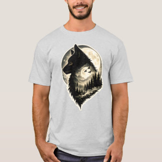 Månskin Ulv Skog Silhuett Vilda Djur Natur Stil T Shirt
