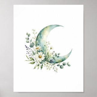 Månskin Växande Vildblommor Akvarell Konsttryck Poster