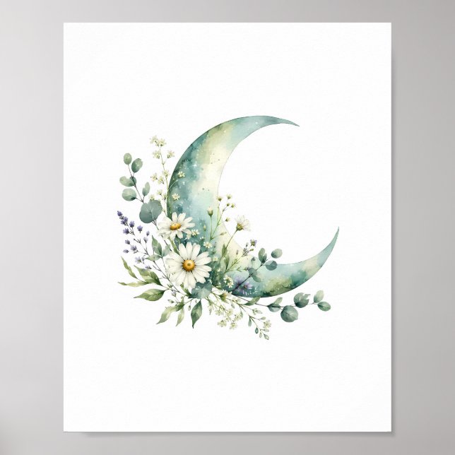 Månskin Växande Vildblommor Akvarell Konsttryck Poster (Framsidan)