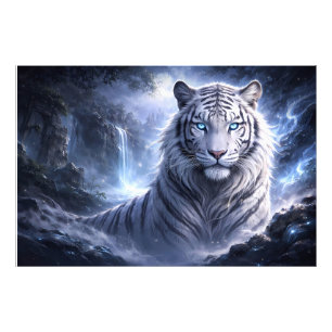 Månskin Vit Tiger Väktare – Blå Fantasiande Fototryck