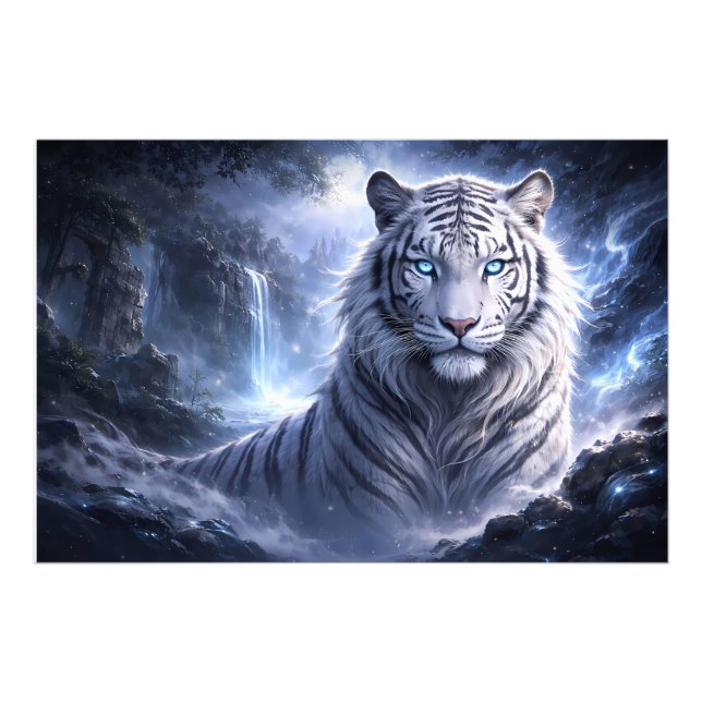 Månskin Vit Tiger Väktare – Blå Fantasiande Fototryck (Framsidan)