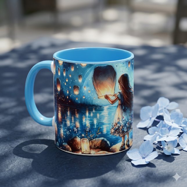 Månskinsljuset flickan vid Lykt-sjön Mugg (Moonlit Lantern Lake Girl Mug)