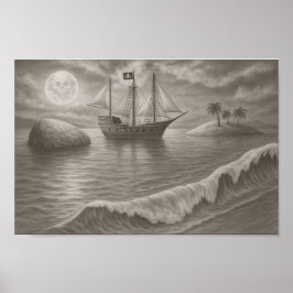 Månskinspirerad piratskeppsteckning – nautisk fant poster