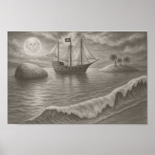 Månskinspirerad piratskeppsteckning – nautisk fant poster