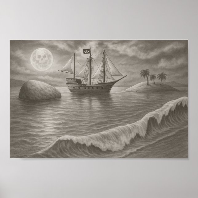 Månskinspirerad piratskeppsteckning – nautisk fant poster (Framsidan)