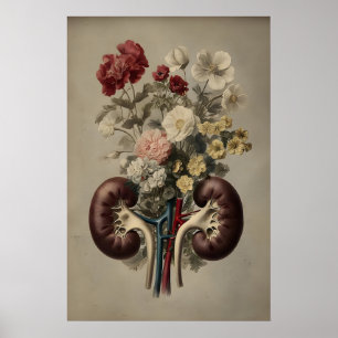 Mänsklig njure med blommönster, anatomi boho poster