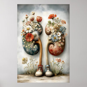 Mänsklig njure med blommönster, anatomi boho poster