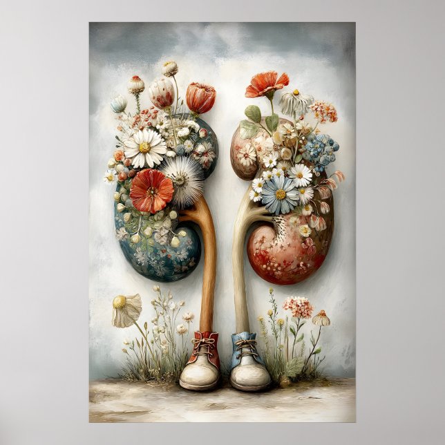Mänsklig njure med blommönster, anatomi boho poster (Framsidan)