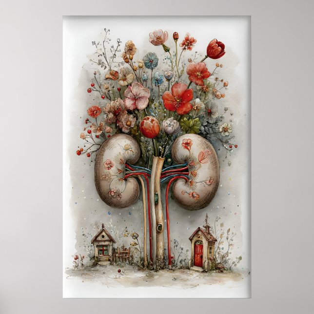 Mänsklig njure med blommönster, anatomi-målning poster (Framsidan)