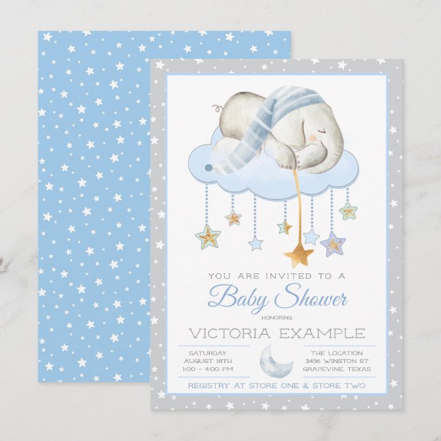 Månstjärnor Pojke Elefant Baby Shower Inbjudningar (Fram/baksida)