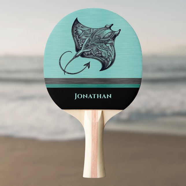 Manta Ray on Teal Faux Brushed Metal Monogrammed Pingisracket (Skapare uppladdad)