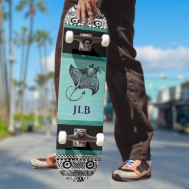 Manta Ray Teal Svart Vitt Polynesiskt med Initiale Mini Skateboard Bräda 18,5 Cm (Skapare uppladdad)