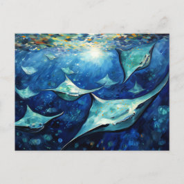 Manta Rays in Expressive Ocean Oil Painting Vykort