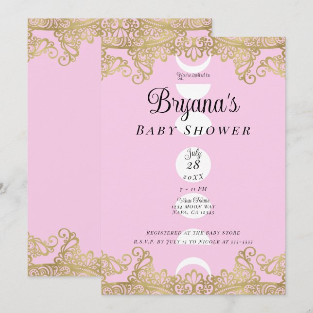 Måntempel Rosa & Guld Pyntat Bebis Kalas Inbjudningar (Fram/baksida)