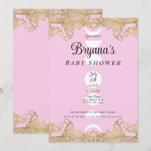 Måntempel Rosa & Guld Utsmyckad Baby Shower Inbjudningar