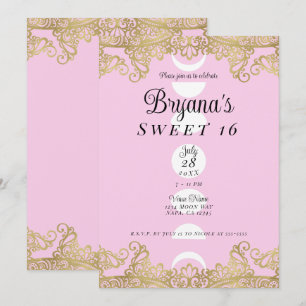 Måntempel Rosa & Guld Utsmyckad Sweet 16 Inbjudningar