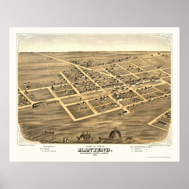Manteno, IL Panoramic Karta - 1869 Poster (Framsidan)