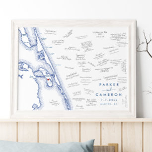 Manteo NC Bröllopskarta Marinblå Gästbok Poster