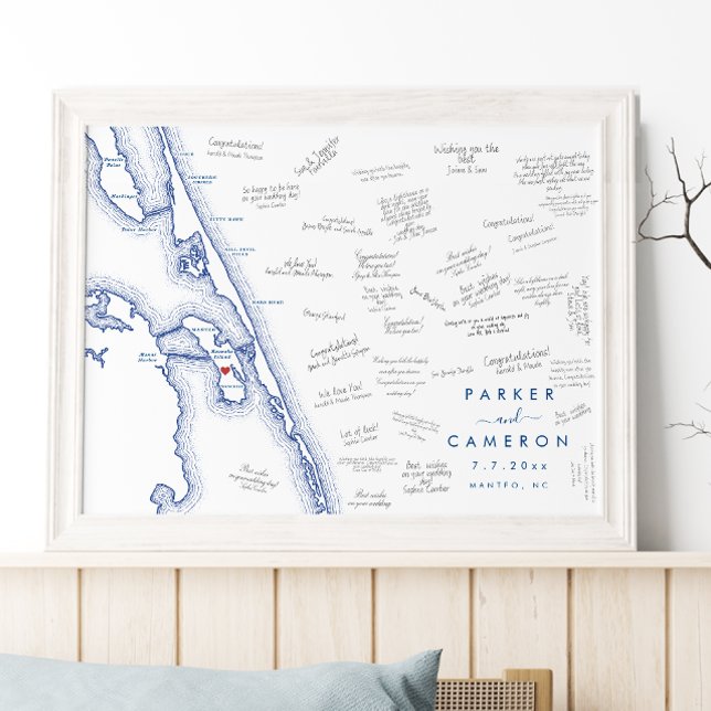 Manteo NC Bröllopskarta Marinblå Gästbok Poster (Manteo NC map alternative wedding guest book poster with modern navy blue Outer Banks OBX map)