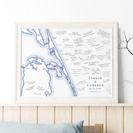 Manteo NC Karta Elegant bröllop Guest Bok Poster