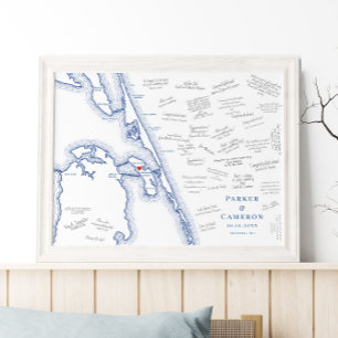 Manteo NC Karta Elegant bröllop Guest Bok Poster