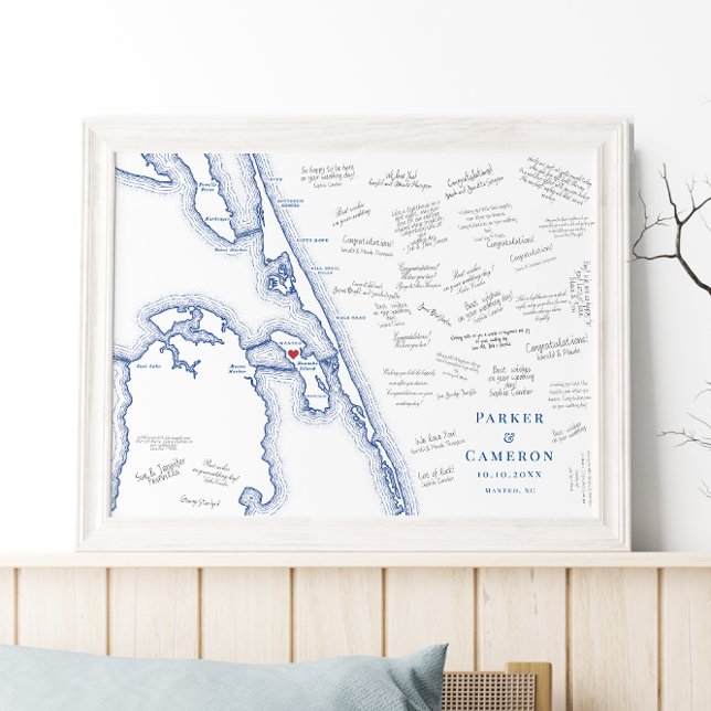 Manteo NC Karta Elegant bröllop Guest Bok Poster (Manteo NC map alternative wedding guest book poster with elegant navy blue Outer Banks OBX map)
