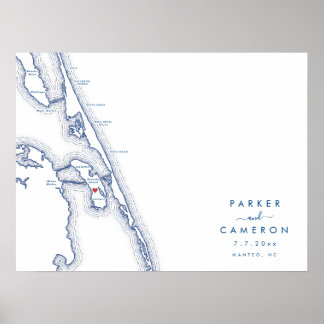 Manteo NC Karta, marinblå gäst i Bröllop Poster Bo