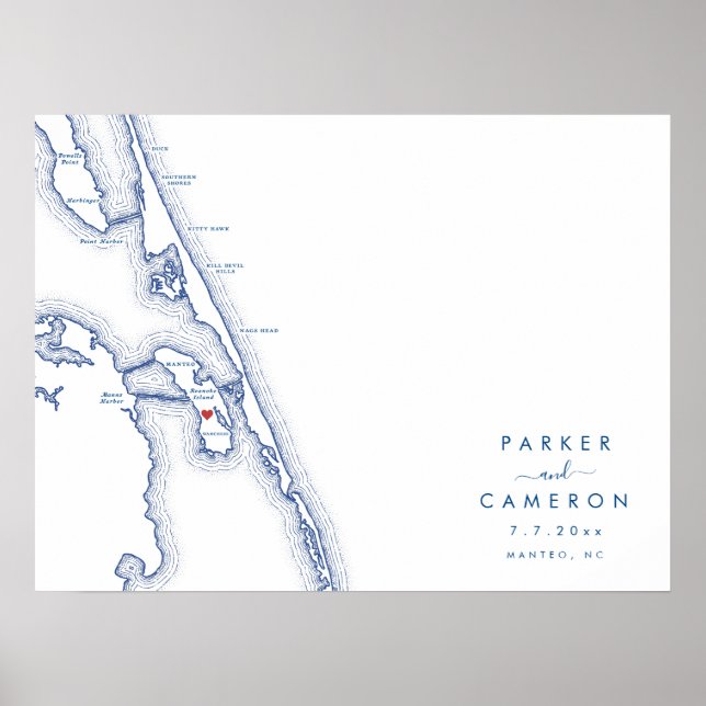 Manteo NC Karta, marinblå gäst i Bröllop Poster Bo (Framsidan)