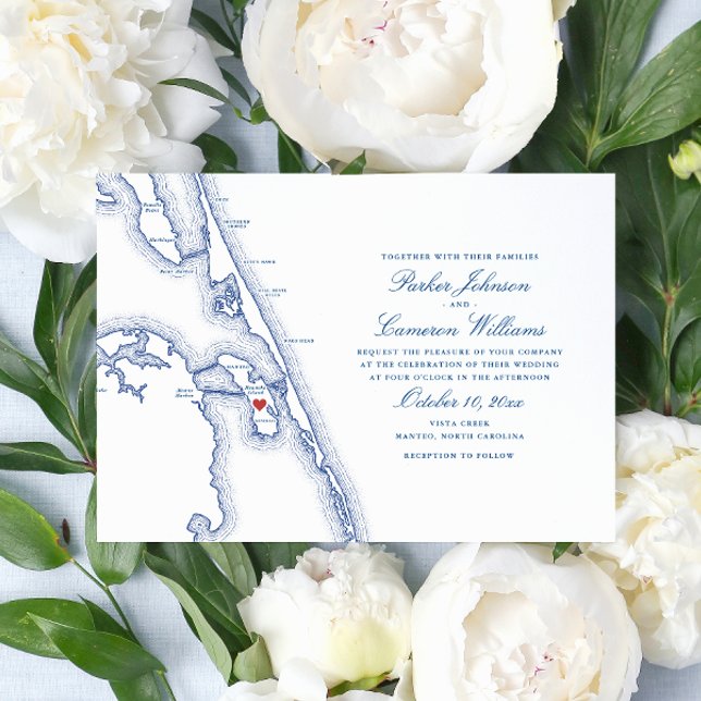 Manteo NC OBX Karta Elegant Navy Bröllop Inbjudningar (Manteo North Carolina Wedding Invitation with elegant navy blue Outer Banks OBX map )