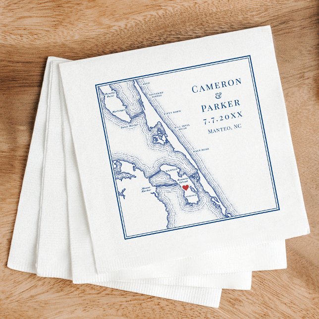 Manteo NC Outer Banker OBX Navy Elegant bröllop Pappersservett (Manteo NC custom wedding cocktail napkins with elegant navy blue Outer Banks OBX map)