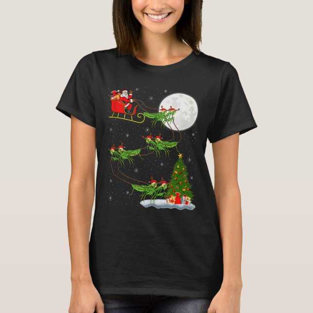 Mantis Insect Santa Sleigh Flying Funny Magical Ch T Shirt (Framsida)