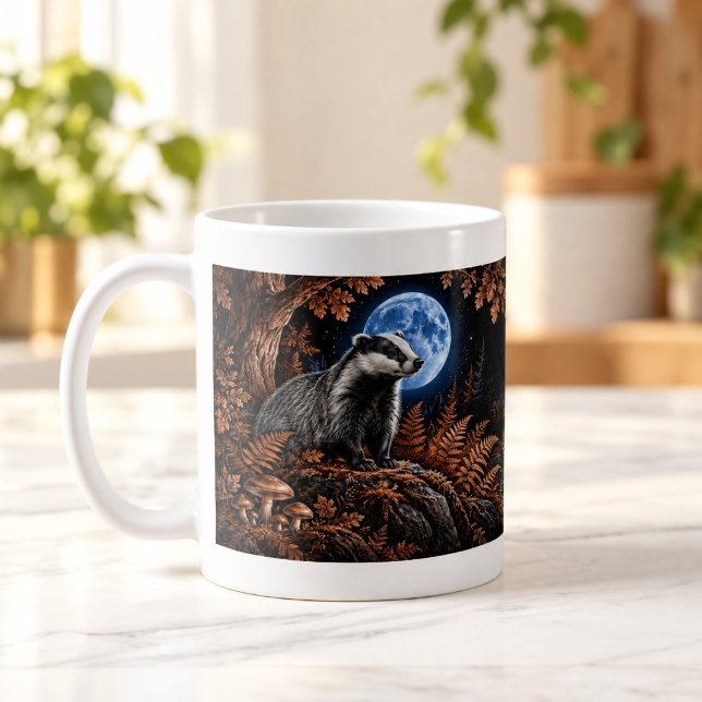 Måntlig Grävling Ritsbräda Vilda Djur Mugg (Moonlit Badger Scratchboard Wildlife Mug — digital mockup.)