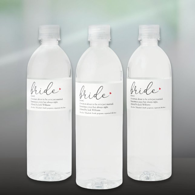 Manus Brud Definition Brudtjej Bröllop Vattenflaska Etikett (Script Bride Definition Bridal Shower Wedding Water Bottle Label)