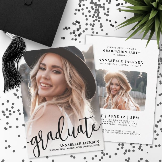 Manus Examens Kandidate Enkel Foto Examen Inbjudningar (Script Graduate Simple Photo Graduation Invitation)