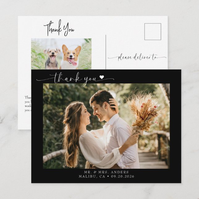 Manus Modern Foto Bröllop Tack Vykort (Fram/baksida)