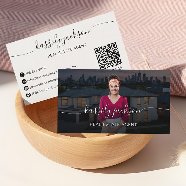 Manus Namn Professionell Fastighetsmäklare Foto Visitkort (Script Name Professional Real Estate Agent Photo Business Card)