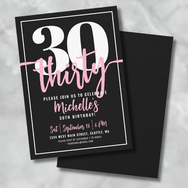 Manus Svart 30-årsfest Inbjudningar (Modern Black 30th Birthday Party Invitation )