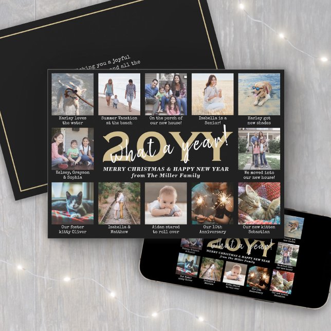 Manus Vad ett år! 12 Fotocollage Svart & Guld Julkort (Skapare uppladdad)