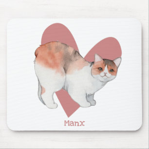 Manx Cat Watercolor Kattunge Rosa Heart Musmatta